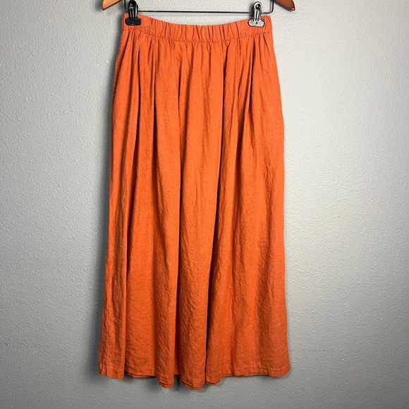 80's Eileen Fisher Linen Rayon Skirt Pockets Elastic Waist Peasant Orange Sz 2 - Picture 1 of 6